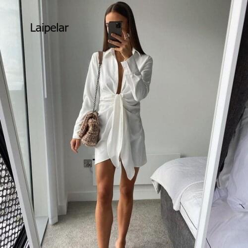 2021 New Summer Turn-down Collar Full Women Clothes Asymmetrical Sleeves White Dress Female