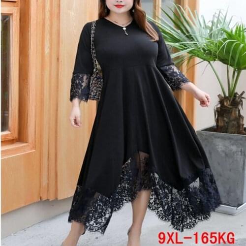 Large size womens dress lace stitching plus size 4XL 5XL 8XL 9XL spring round neck long sleeve loose large stretch black dress