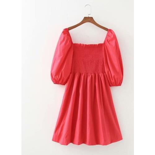 New Women Vintage Red Smocked Dress Square Neckline Half Puff Sleeves Elastic Bust Casual Chic Lady Short Dresses Woman Robe