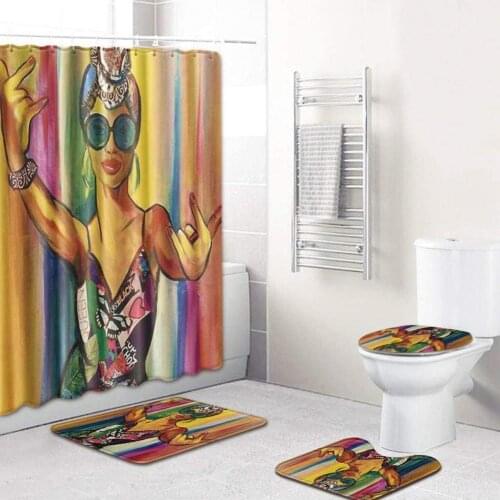 4Pcs Women Print Bathroom Shower Curtain Toilet Lid Cover Non-Slip Floor Mat Rug