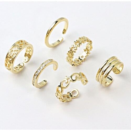6pcs Gold Adjustable Toe Ring For Women Girl Lower Knot Simple Knuckle Stackable Open Tail Ring Band Hawaiian Foot Jewelry