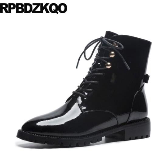 Shoes Combat Military Ladies Round Toe Metal Winter Patent Leather Women Front Lace Up Casual Ankle Boots Autumn Chunky Black