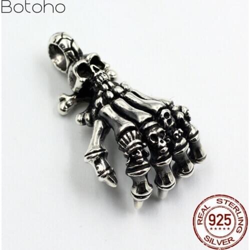 925 Sterling silver Steampunk Skeleton Finger Pendant Necklaces Vintage Skull Hand Silver Chains Biker Necklace Men Fine Jewelry