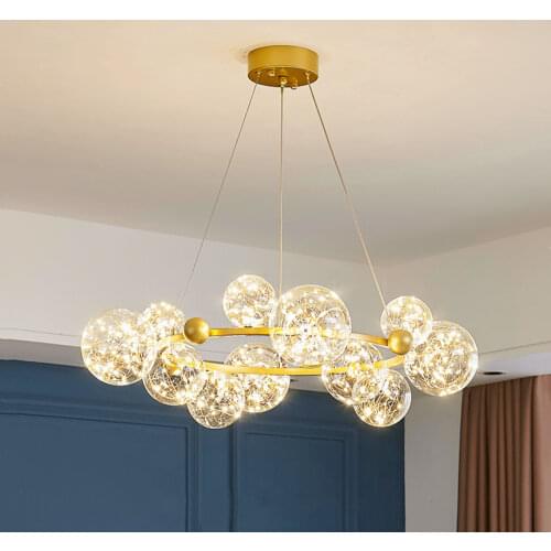 Gypsophila LED Pendant Lights Golden Round Long Strip Glass Starlight Pendant Lamp for Dinning Room Romantic Decor Kitchen