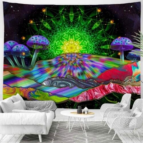 Trippy Mountain Mushroom Hippie Sun Mandala Tapestry,Psychedelic Starry Sky Colorful Wall Hanging
