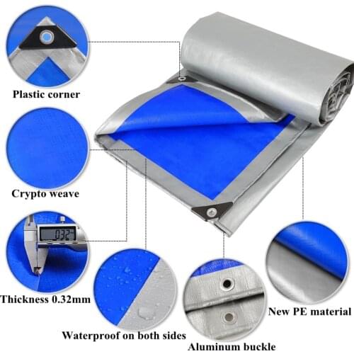 Customized Size PE Tarpaulin Silver Blue Lightweight Tarp Boat Car Truck Canopy Cloth Rainproof Cloth Sunshade Tarp Ground Sheet