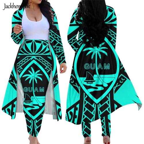Jackherelook Guan Flag Polynesain Tattoo Tribal Womens 2 Piece Club Outfits Long Sleeve Floral Open Front Cardigan Pants Set
