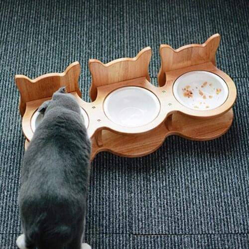 Cat Bowl Ceramic Double Bowl Pet Cat Ear Stainless Steel Bowl Oak Shelf Protection Cervical Spine Multiple Cats Eat Together