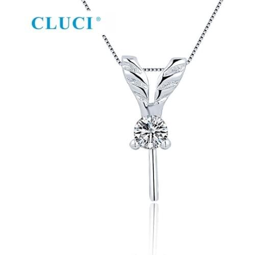 CLUCI Simple V Necklace Setting 925 Sterling Silver Pendant Fit 7-8mm Round Pearl DIY Women Jewelry Making SP439SB