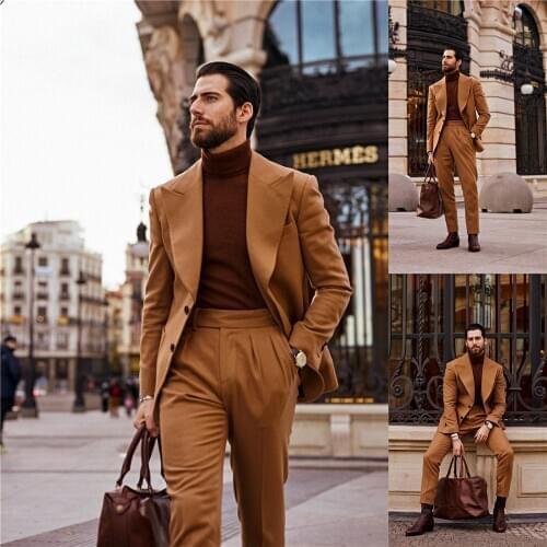 Handsome Brown Business Mens Coat Pants Suits High Quality Two Buttom Groom Tuxedos Men Prom Dinner Blazer (jacket +pants)