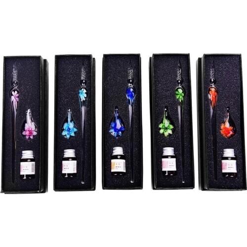 Creative Handmade Glass Pens Flower Pattern Transparent Fountain Pen Gift Set Color Ink Color Test Water Sign Chalk Flash Comics