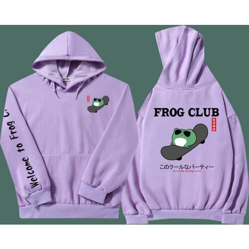 Harajuku Cute Frog on Skateboard Hoodie Cotton Thermal White Sweatshirt for Women Pastel Clothes Drop Shoulder Pocket Streetwear