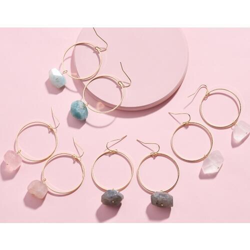 Hui Dang Trendy danging earring gold circle with natural stone pendant hoop earrings