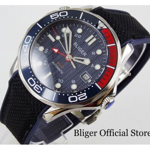 BLIGER Brand GMT Men Watch Blue Dial Rotating Bezel Rubber Band Date Window Automatic Movement