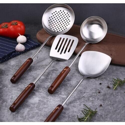Set of 4 Wood and Stainless Steel Kitehen Cooking Tools Soup Spoon Spatula Utensils Accessories Cook Kitchenware Cutlery Tools