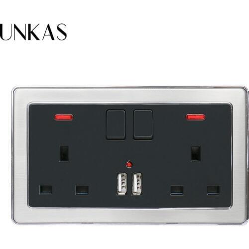 UNKAS Wall Power Socket Double UK Standard With Neon 2.1A Dual USB Charger Port Stainless Steel Frame Black Outlet