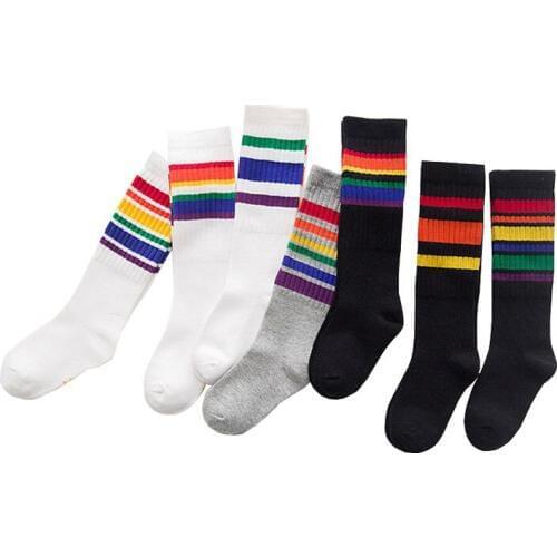 Boys Girls Knee High Socks Cotton Rainbow Striped Cute Season Children Unisex Kids In Tube Socks For 1-10 Years