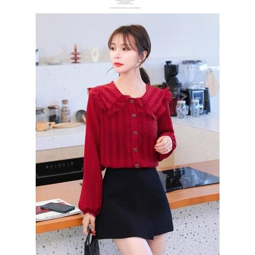 2021 spring new shirt female lotus leaf collar temperament lady sweet fashion design shirt female