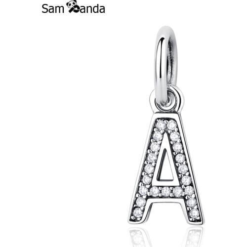 New 925 Sterling Silver Bead Charm Micro-pave With Clear CZ Alphabet Pendant Fit Pandora Original Bracelets Bangles DIY Jewelry