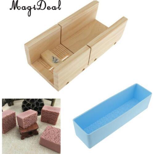 Handmade Wood Soap Cutter Precision Cutting Trimming Box + Rose Pattern Rectangular Silicone Soap Loaf Mold Cake Toast DIY Tool