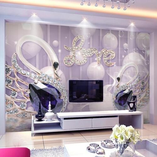 Custom Mural Romantic Purple 3D Swan Jewels Love Photo Wallpaper Living Room TV Sofa Background Wall Covering 3D Papel De Parede
