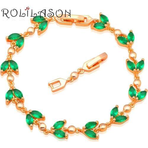 ROLILASON Cubic Zirconia design leaf shape Green Crystal Golden Bracelets for Lady Health Fashion jewelry TB832