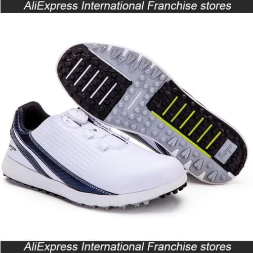TTYGJ 2020 Mens Golf Sport Shoes Waterproof Slip Soles Knobs Buckle Sneakers Male Tennis Sports Synthetic White with Blue Shoes