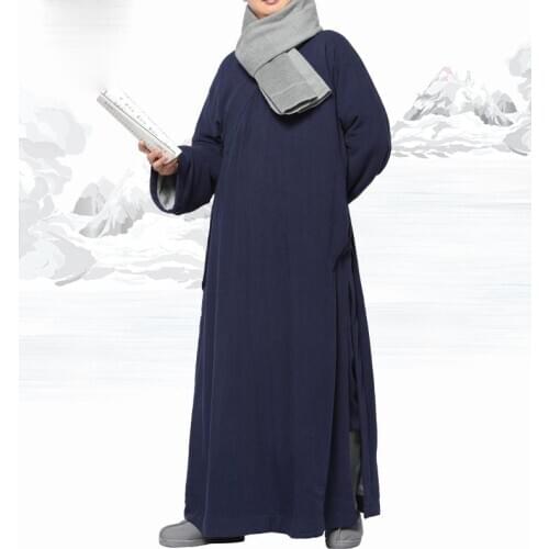 Unisex cotton&linen winter warm shaolin monk kung fu robe zen suits lay meditation clothing buddhism uniforms Buddha gown blue