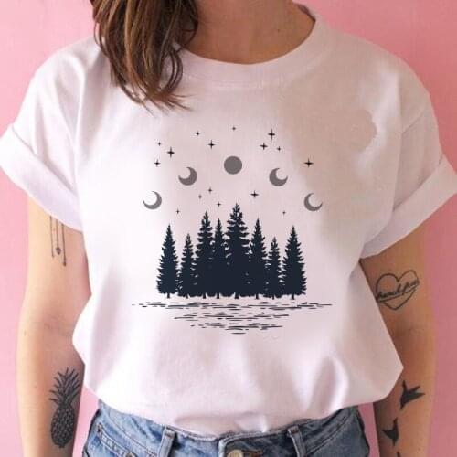 New T Shirt Dark Forest Print Letter Universe Faith T Shirt Women Tshirt O Neck Short Sleeve White Tops