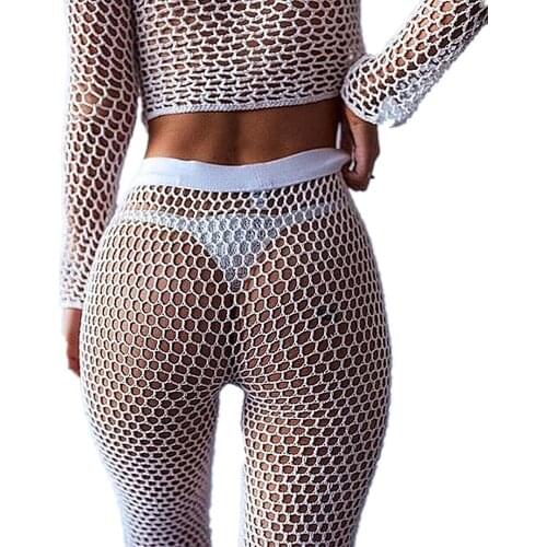 Women Mesh Beach See Through Fishnet Long Sleeve Blouse And Long Pant Sexy Bikini Beach Cover-up Pareo Swimwear Cover Outfits