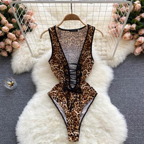 SINGREINY Women Retro Leopard Rompers Sexy Sleeveless Hollow V Neck Slim Jumpsuits Summer Fashion Off Shoulder Short Bodysuit