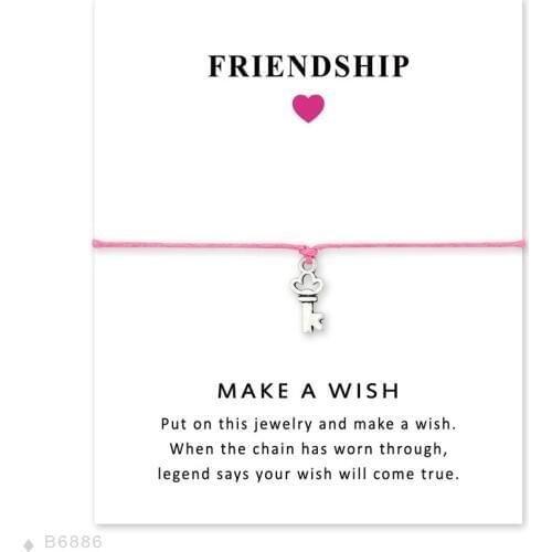 Girls Adjustable Friendship Engagement Bridesmaid Statement Jewelry Pink Cord With Card Silver Keys Charm Bracelets for Women