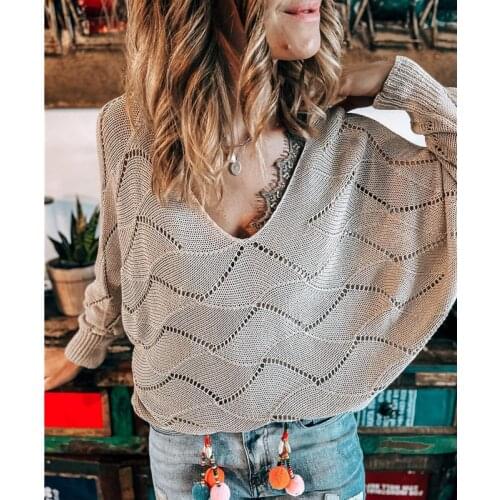 Sweaters Woman Solid Color Hollow Out V-Neck Batwing Long Sleeve Pullovers Womens Clothing 2021 Spring Autumn Loose Knitted Top