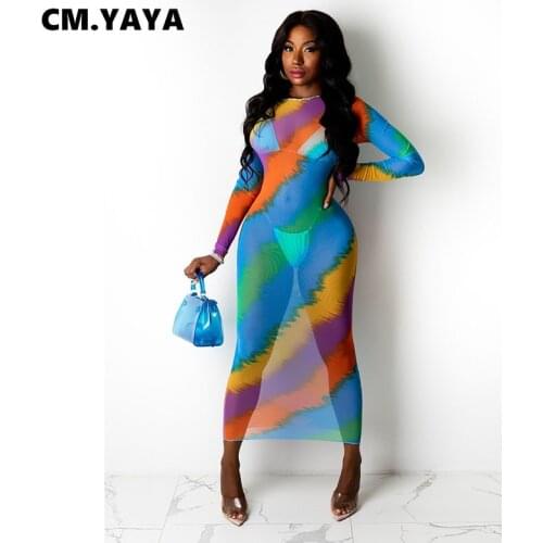 CM.YAYA Women Long Dress Print Mesh See-through Full Sleeve O-neck Bodycon Maxi Dresses Sexy Fashion Streetwear Summer Outfit