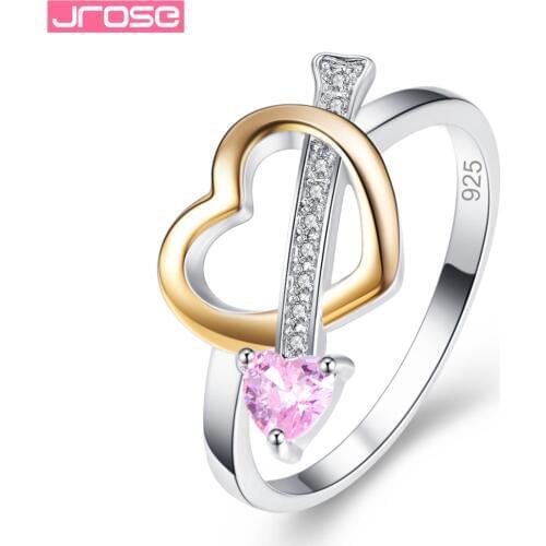 JROSE Arrow of Cupid Heart Cut Pink & Champagne & White CZ Fashion Jewelry Silver Ring Size 6 7 8 9 For Women Engagement