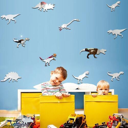 10pcs/set Removable Sliver Sticker 3D Dinosaur Shape Wall Stickers Decorative Mirror Surface Wall Decal Home Wall Decor