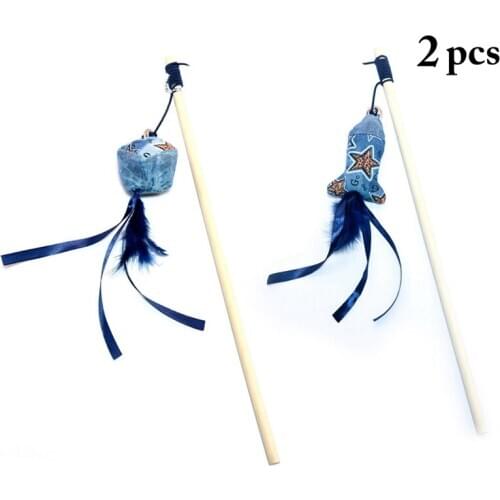 2pcs Pet Cat Teaser Toys Feather Wand Cat Catcher Teaser Stick Cat Interactive Toys Wood Rod Mouse Toy With Mini Bell