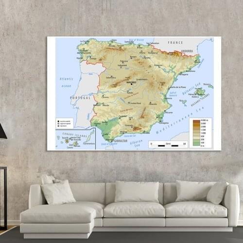 225*150 Cm The Spain Topographic Map with Important Cities Non-woven Canvas Painting Poster Wall Home Decoration School Supplies