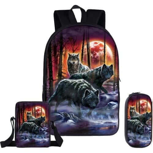 3Pcs/Set Cool Moon And howling Wolf School Backpack for Teenage Boys Girls Children School Bag Set Student Book Bags