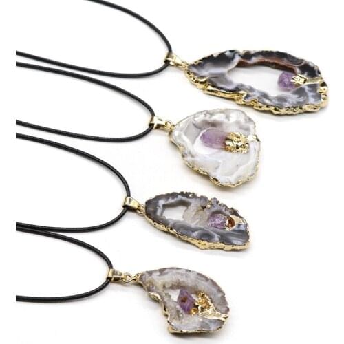 6PCS/LOT Energy Necklaces Pendulum Brazil Agates Stone Necklace Hollow Out Crystal Cave Amethysts Gilded Gold Pendants