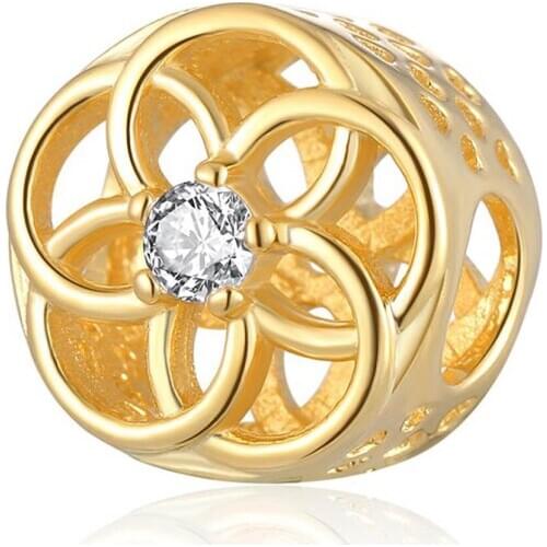 Authentic S925 Silver Openwork Gold Loving Bloom With Crystal Beads Charm fit Lady Bracelet Bangle DIY Jewelry Making