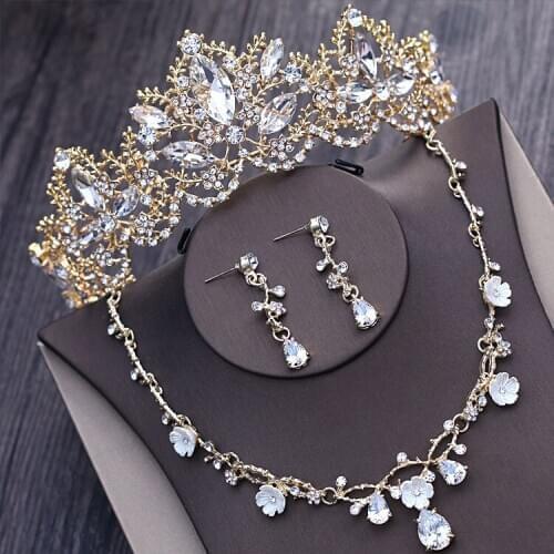 Baroque Light Gold Crystal Bridal Jewelry Sets Rhinestone Tiaras Crown Statement Wedding Dress Accessories Necklace Earrings Set