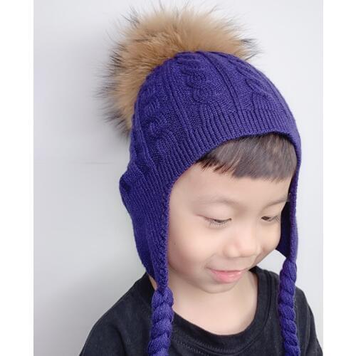 Baby Hat Wool Knitted Earflap Beanie Cap Kids Winter Hats For Children Big Real Fur Pompom Hat Skullies