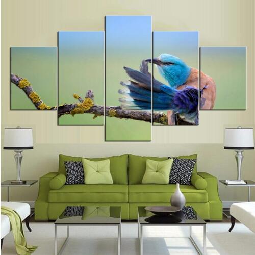 Home Decor 5 Piece HD Blue feathered bird wallpaper Painting For Living Room Decoration Pictures Wholesale Home Decor