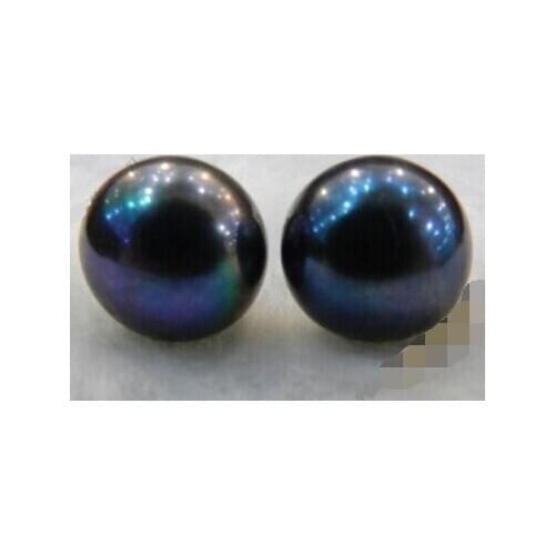 Hot sell new - Natural Black 9mm Pearl Sterling Silver Stud Earrings AAA