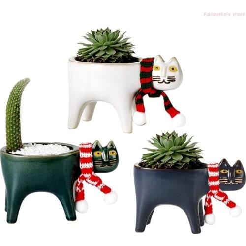 Cartoon Cat Ceramic Plant Planting Flower Pot with Drainage Desktop Decoration HX6D