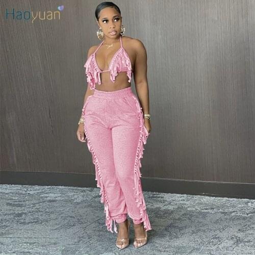HAOYUAN Sexy Tassel Two Piece Set Backless Crop Top for Women Sweatpants Summer Outfits Wholesale Items Clubwear Matching Sets