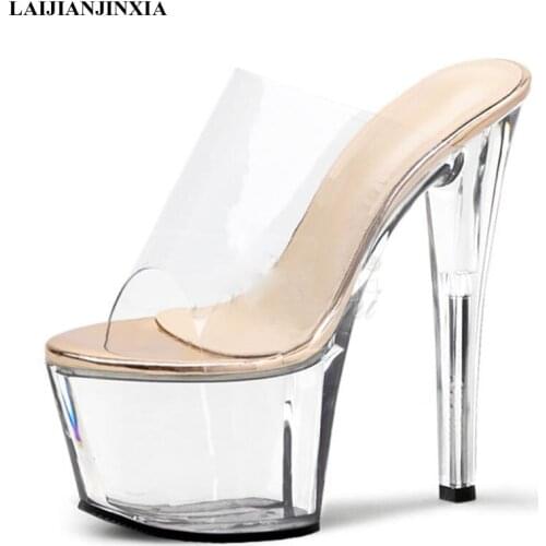 LAIJIANJINXIA New Woman Crystal Transparent Slippers Platform Party Sexy Fashionable Sandals 6 Inch Wedding Pole Dance Shoes