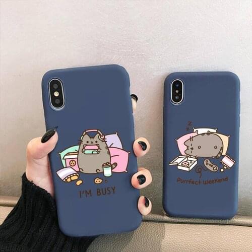 Cute Cartoon Cat Pusheens Phone Case for iPhone 12 mini 11 Pro XS MAX X XR 7 8 6 Plus Candy Color blue Soft Silicone Cover