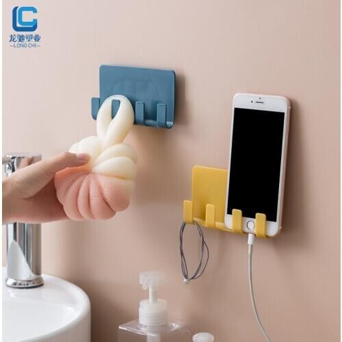 Adhesive Mobile Phone Charging Bracket Holders Remote Control Stand Ipad Charging Rack Wall Seamless 4 Hook Storage Rack